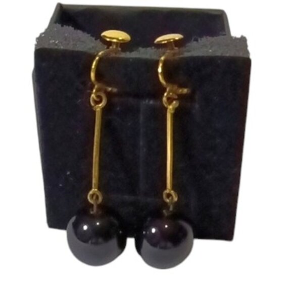 Black Onyx Ball Drop Earrings Screw-on Fasteners Gold Tone Wire - Picture 1 of 5